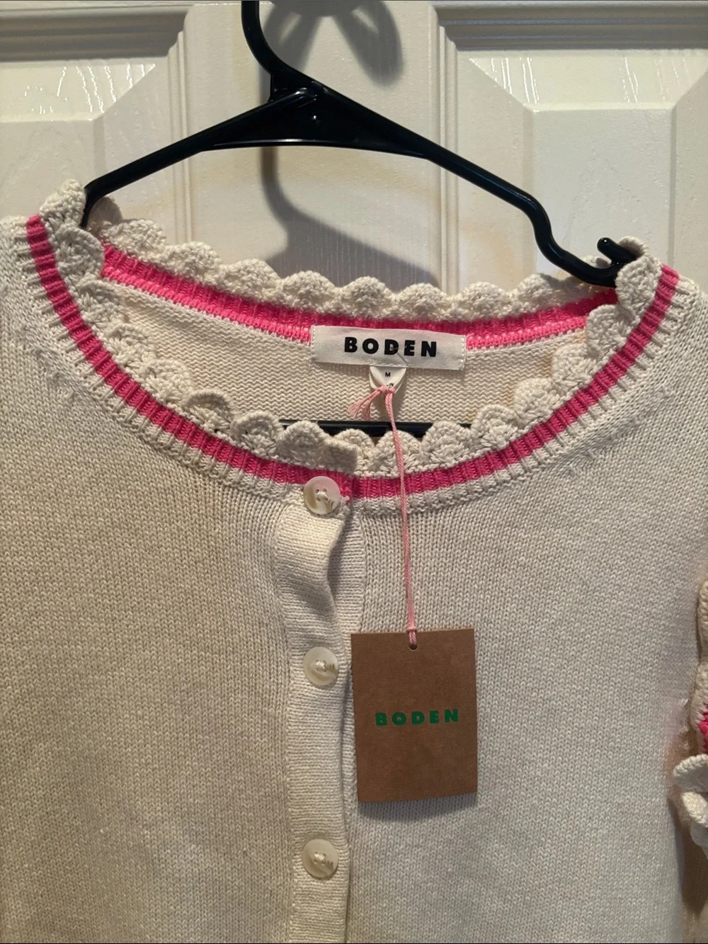 Boden NWT Ivory Crochet Frill Detail Cardigan Pink Ruffle Trim Sweater size M